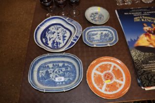 Four various Chinese blue and white dishes and an