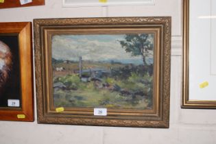 A gilt framed oil on board, study of rural landsca