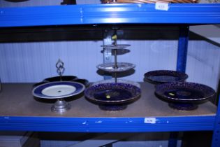 Three Minton blue and gilt decorated china tureens, a Royal Winton cake stand, a classical decorated