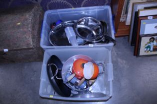 Two boxes of kitchenalia including Le Creuset sauc