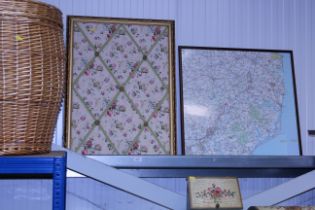 A framed map together with a gilt framed pinboard