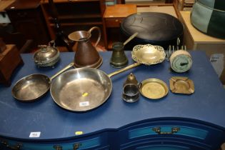 A quantity of metalware to include a copper jug, c