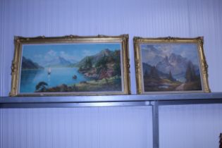 A gilt framed oil on canvas of a mountainous lands