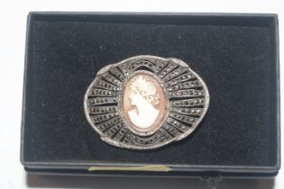 A Sterling silver and marcasite cameo brooch By DH