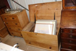 A pine mule chest with candle box interior
