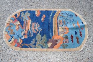 An Oriental rug decorated with buildings