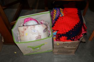 Two boxes containing wool, a footstool and various