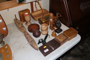 A collection of wooden items to include scales; fi