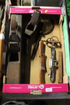 A box of mixed tools to include jack planes, smoot