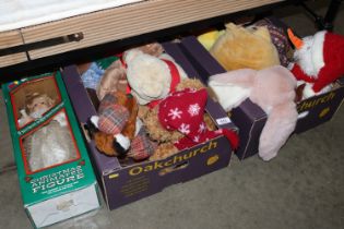 Two boxes containing various soft toys