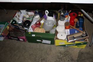 Three boxes containing various kitchen sundries; c