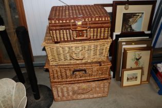 A wicker picnic basket and contents together with