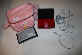 A Nintendo DS together with a charger, case and va