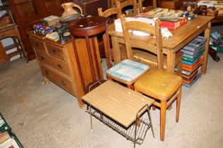 A mahogany plant stand and two retro stools and a