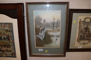 A framed and glazed pastel depicting Herons