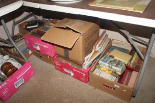 Six boxes of various books to include Biggles Fly'