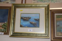 Gilt framed oil, study of fishing boats, indistinc