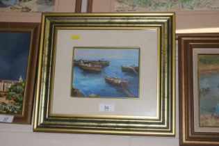 Gilt framed oil, study of fishing boats, indistinc