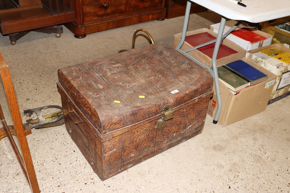 A japanned tin trunk and contents of bed pan, ston