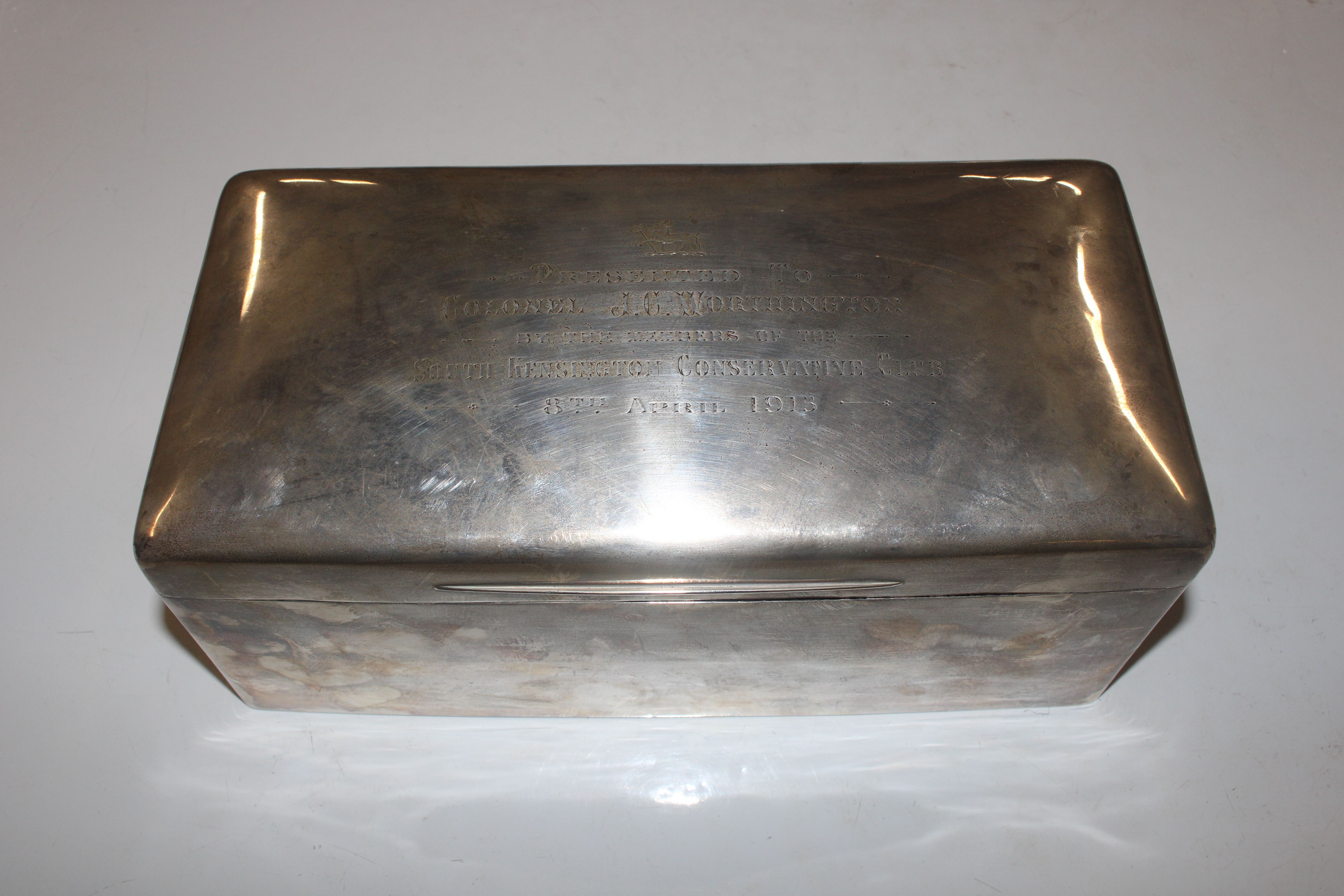 A large silver cigar box inscribed to lid "Present