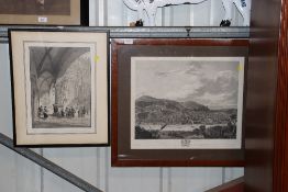 A framed and glazed black and white print depictin