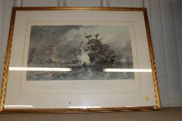 A coloured print after Oswald W. Brierly of an Armada ship