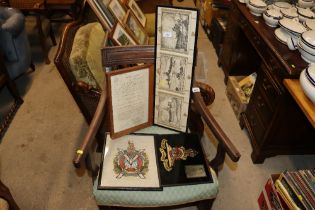 A quantity of WWII framed tapestries etc.