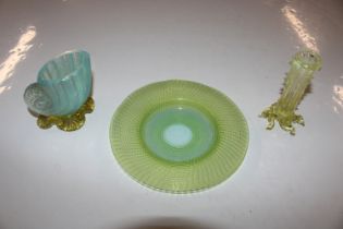 A coloured glass dish; a spill vase and a vase in