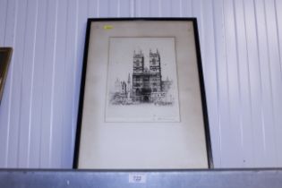 A pencil signed etching, continental cathedral scen