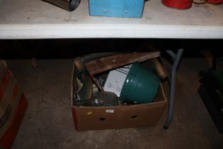 A box of sundries including Wellington boots size