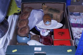 A box of miscellaneous pottery, wooden items etc