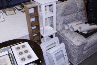 Two white painted wall cabinets, a pair of white painted two tier occasional tables and a pine