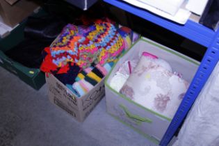 Two boxes containing various wools, footstool etc.