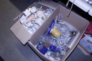 A box of miscellaneous glassware and a box of vari