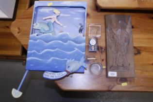 A carved wooden mould, a novelty diorama and sundry items