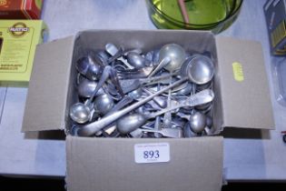 A box of miscellaneous plated spoons etc