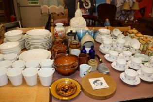 A salt pig; Lawleys bowls, jug, teapot and biscuit