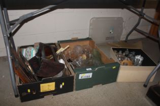 Three boxes containing glass chemist bottles and j