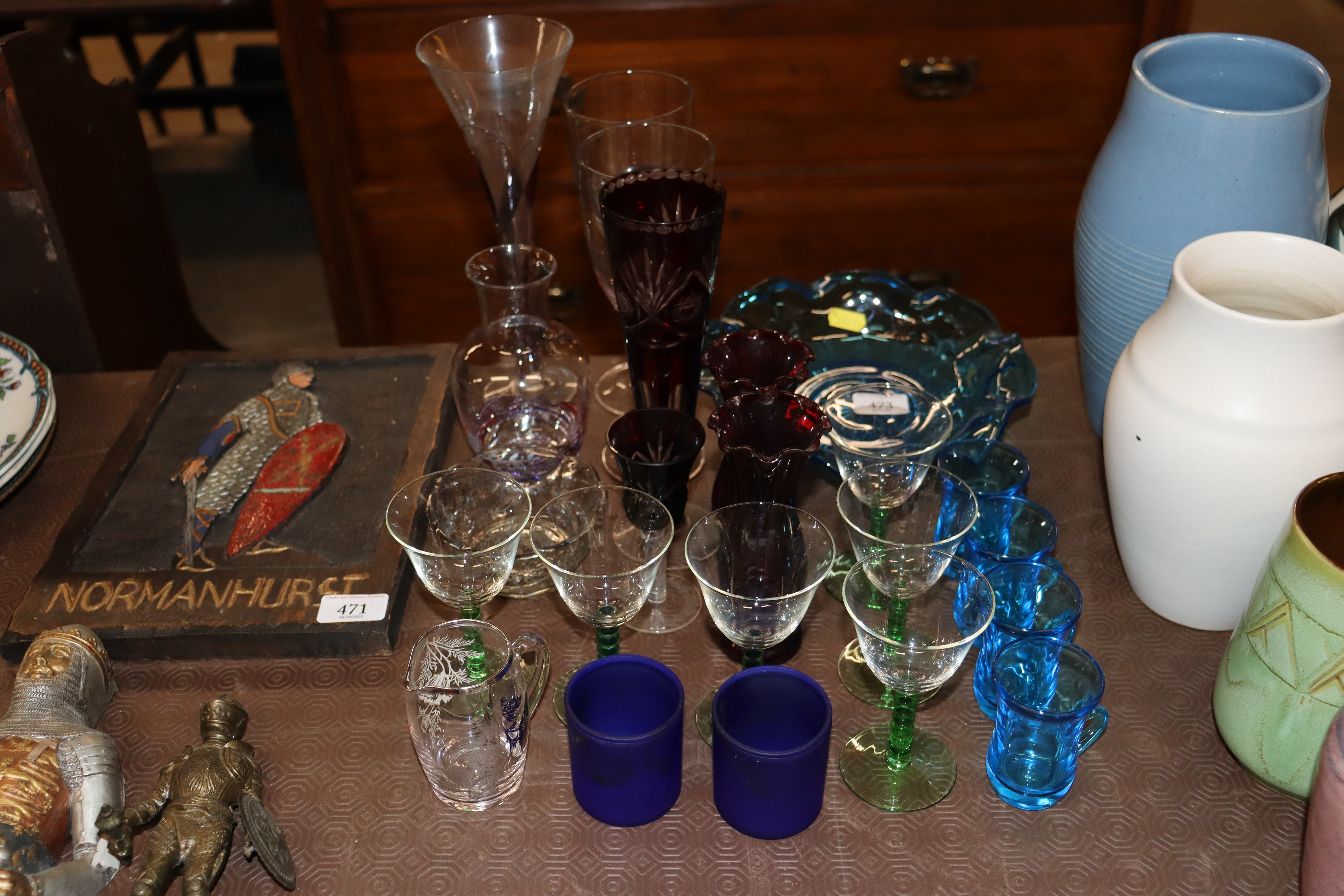 A quantity of coloured table glassware and other glassware etc