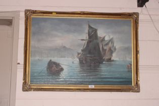 An unsigned oil on canvas depicting sailing ships