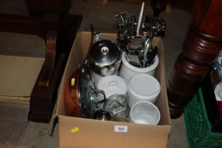 A box of various kitchenalia together with white c