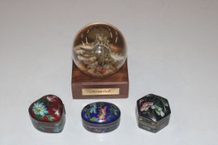 A hermit crab paperweight and three cloisonné deco