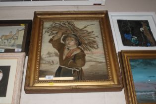 A Victorian gilt framed needlework study of a fiel