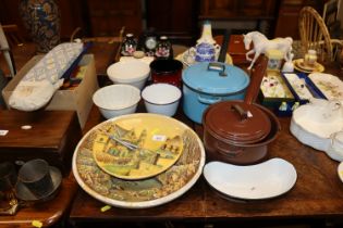 Two wall plaques; jelly moulds; Judge ware enamel