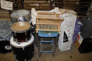 A step stool; a plate rack and folding garden chai