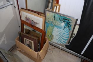 A collection of various paintings and prints, mirr