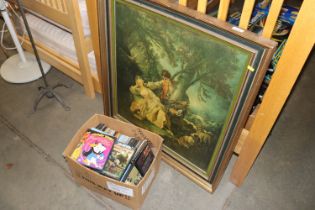 A box of DVDs and a coloured Old Master print