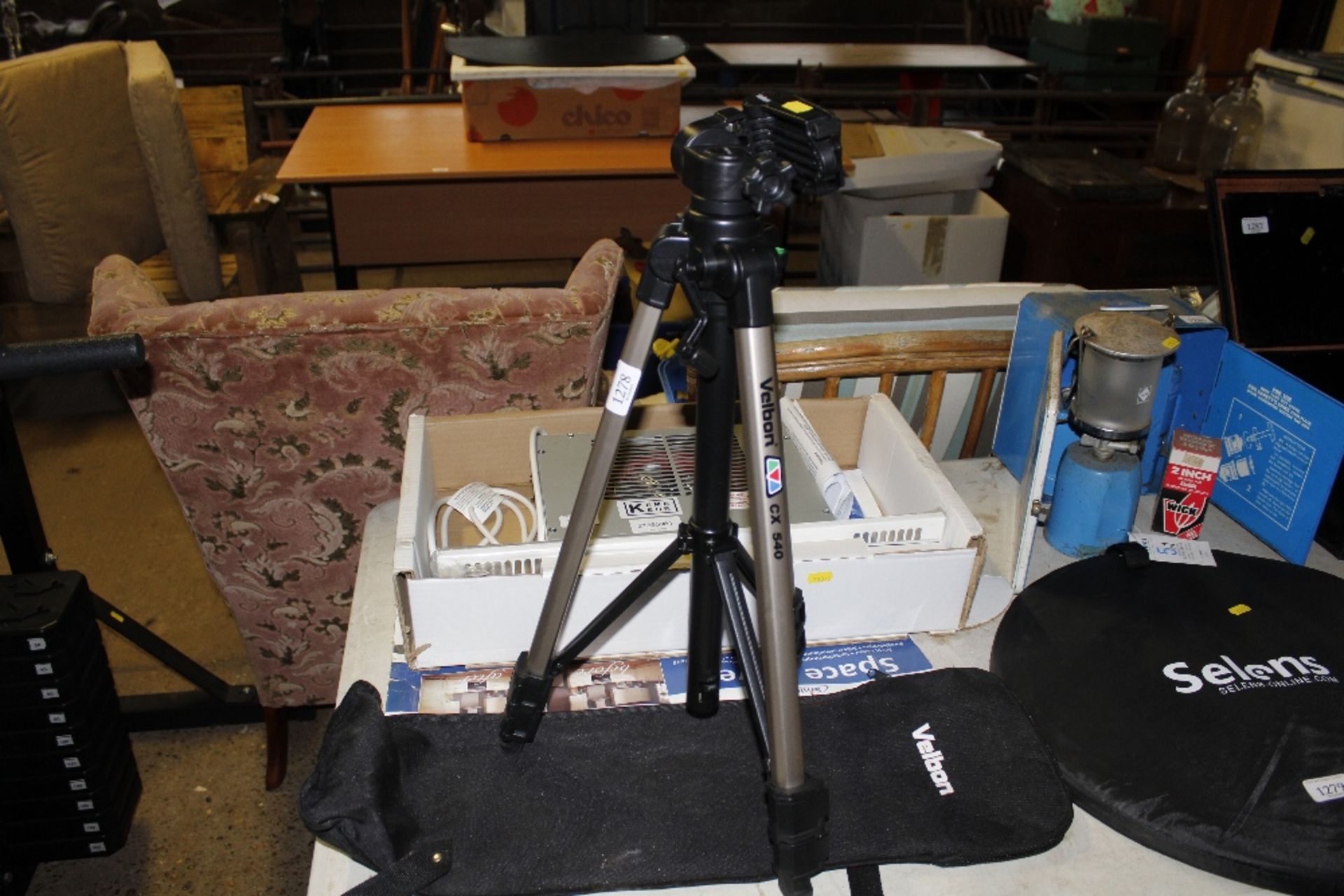A Velbon camera tripod and bag