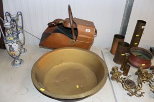 An antique copper coal scuttle and shovel with a b