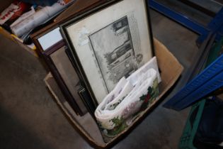 A box of antique prints, embroidered bell pull etc